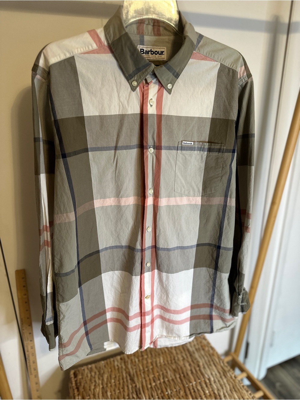 Barbour Button-Down Large Check Shirt in Olive, Pink & White